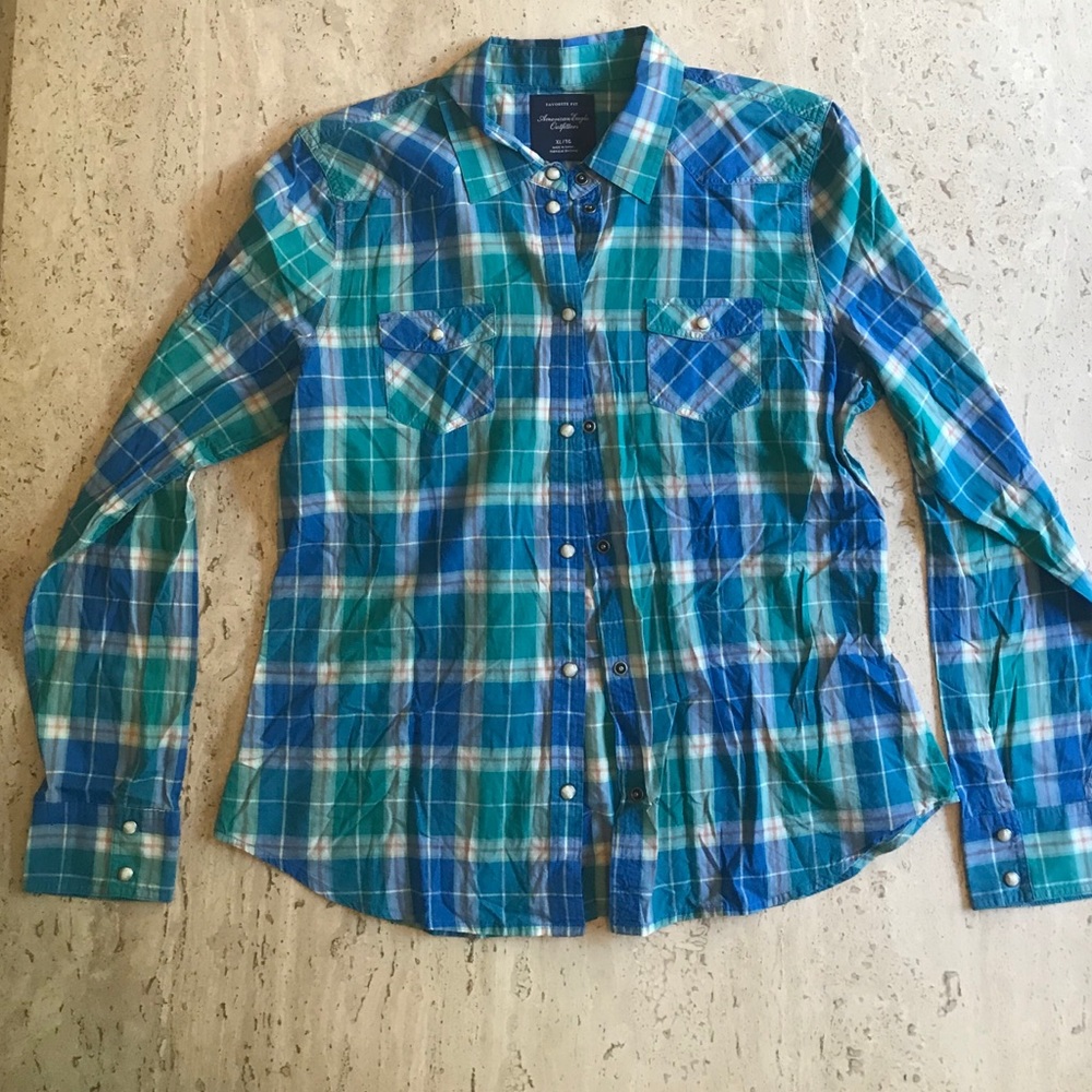 American Eagle green/orange/blue plaid button down